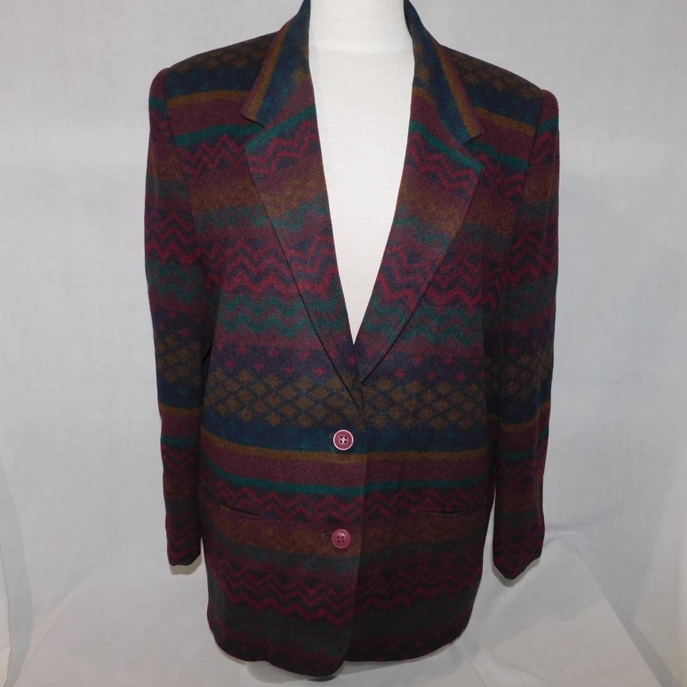VTG 90s Navajo Southwestern Print Oversized Wool Blend Blazer Two Roads Women 11 - Picture 2 of 15